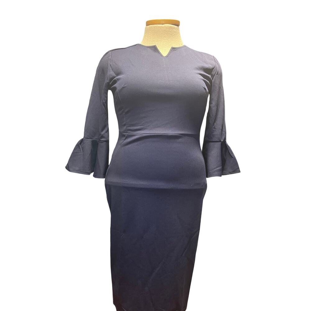 Glory Sunshine Navy Blue Bell Sleeve Bodycon Pencil Dress - Size Medium
